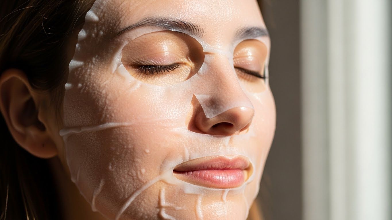 여성의 얼굴을 조용히 클로즈업하고 피부 위에 진정 시트 마스크를 부드럽게 올려놓았습니다.