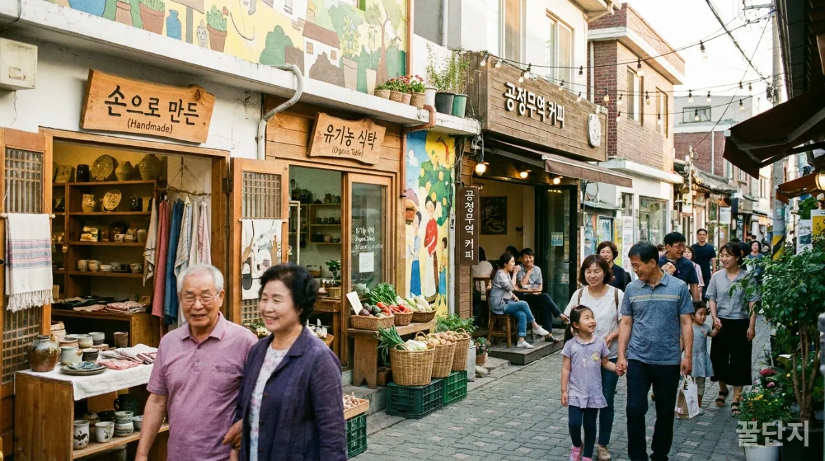 지역의 고유한 로컬 브랜드 상점들이 즐비한 활기찬 거리 풍경