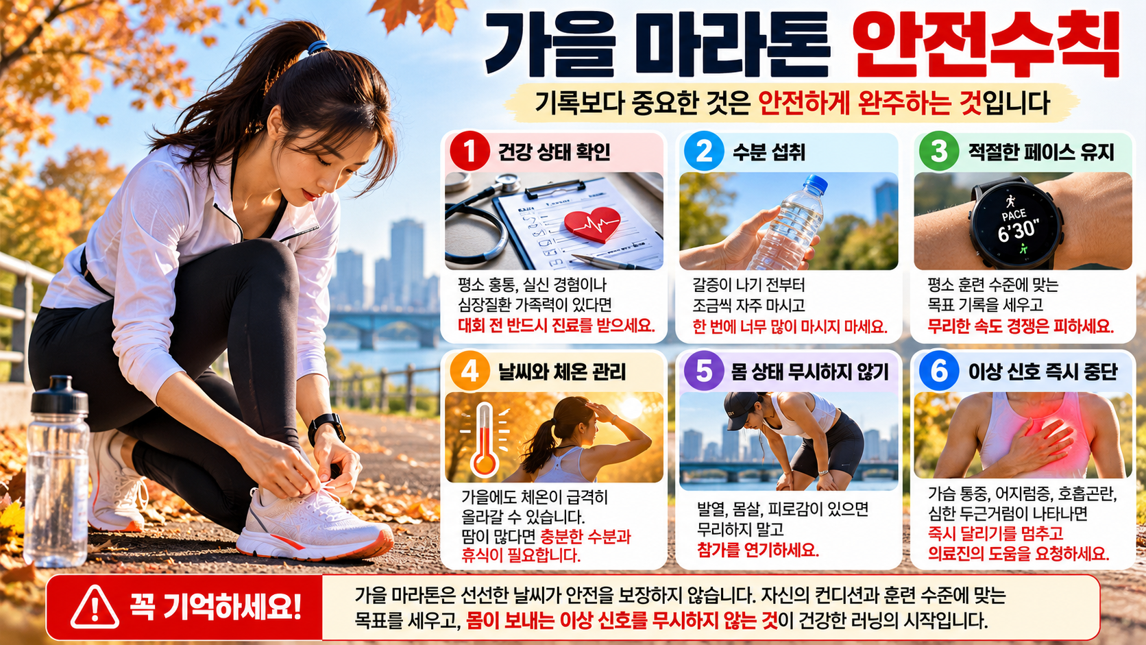 가을 마라톤 안전수칙 6가지와 달리기 전 건강 상태 확인, 수분 섭취, 페이스 조절 및 응급상황 대처법