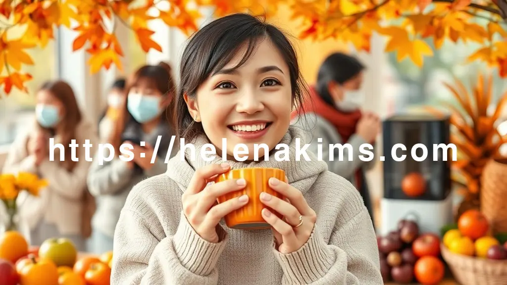 가을 단풍길에서 활기찬 여성이 따뜻한 음료를 마시고, 깨끗한 손을 보여주며 웃는 모습