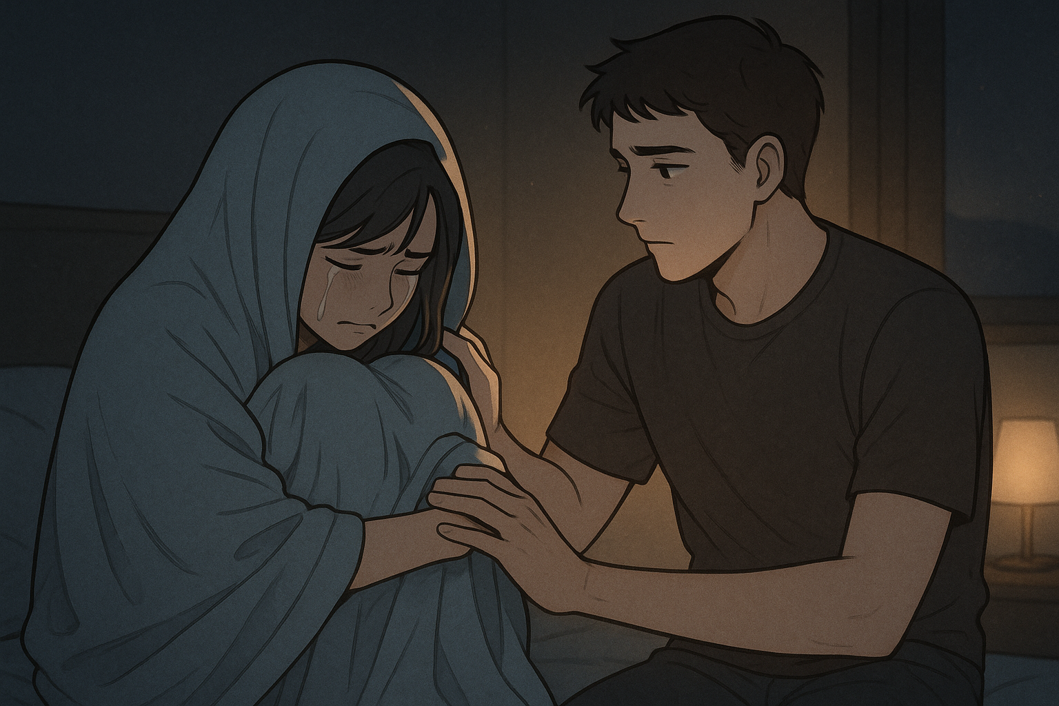 따뜻한 색감의 웹툰 스타일. 차분하고 약간 어두운 톤의 침실. 20대 후반의 여성('나')이 침대 위 이불을 뒤집어쓴 채 웅크리고 앉아 있다. 어깨가 살짝 떨리고, 얼굴은 이불에 파묻혀 있지만, 이불 틈새로 보이는 눈가에는 눈물의 흔적과 함께 지친 표정이 역력하다. 편안한 잠옷 차림. 머리카락은 약간 흐트러져 있다. 20대 후반의 남성('그')이 '나'의 옆 침대에 걸터앉아 조심스럽게 '나'의 어깨 위 이불을 감싸 안거나, 이불 위로 손을 얹고 있다. 그의 표정은 묵묵히 '나'를 이해하고 위로하는 따뜻함과 걱정이 담겨 있다. 부드러운 갈색 머리와 깔끔한 인상. 그의 손에서 은은한 온기가 퍼져나오는 듯한 효과. 창밖은 밤하늘이 희미하게 비치고, 방 안은 침대 협탁 위 작은 스탠드 조명이나 무드등에서 나오는 은은한 노란빛만이 감돈다. 방 안의 다른 가구들은 실루엣으로 처리되어 '나'의 고립감을 강조한다. 주로 차분한 푸른색, 회색, 어두운 남색 톤에, 인물 주변에만 따뜻한 노란빛이나 주황빛이 은은하게 감돈다. 조명은 부드럽고 확산되는 느낌. '나'의 웅크린 모습과 '그'의 위로하는 손길, 그리고 두 인물의 표정이 강조되는 클로즈업 앵글. '나'의 등 뒤에서 '그'가 감싸 안는 구도."