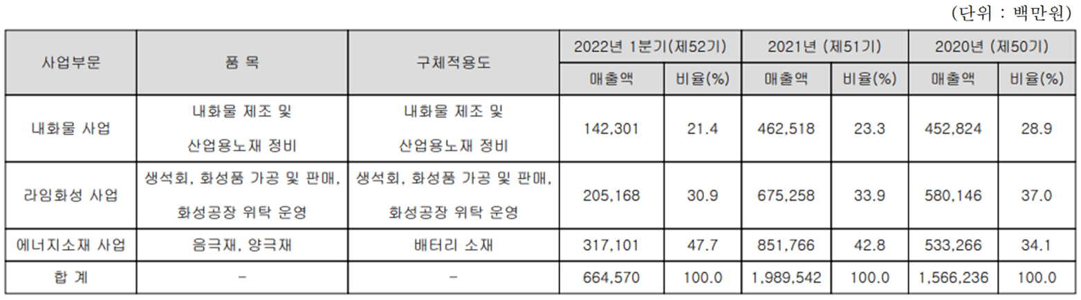 포스코케미칼 - 주요 사업 부문 및 제품 현황(2022년 1분기)