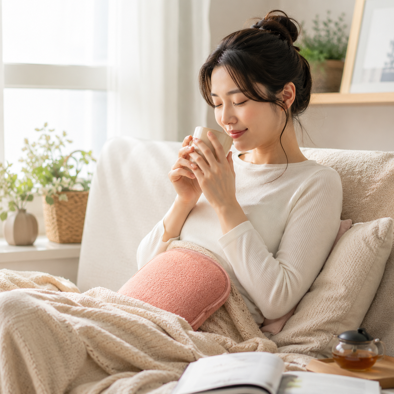 온찜질과 따뜻한 차로 생리통을 관리하는 모습