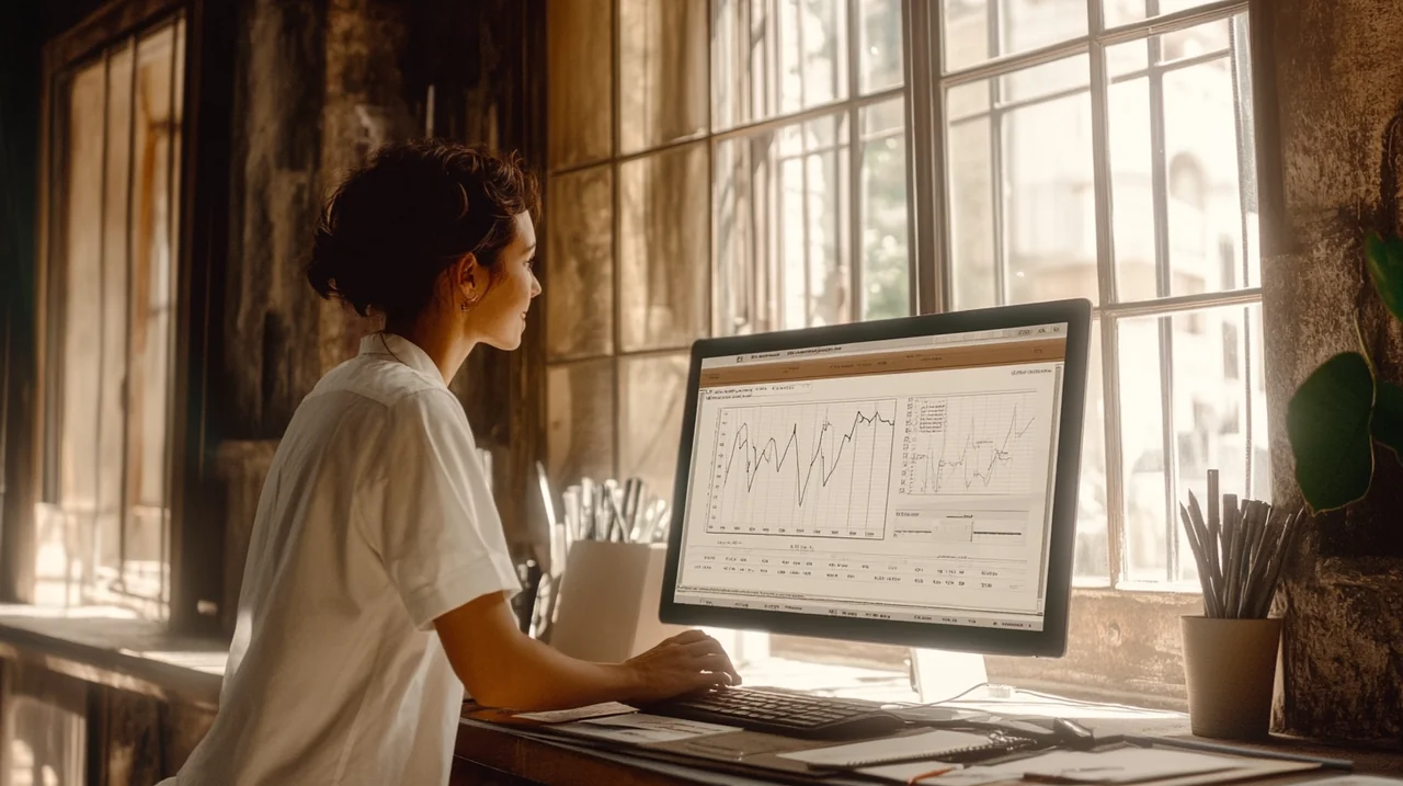 투자자가 컴퓨터 화면에서 세금 유예된 투자 계좌를 검토하며 세금 효율성과 장기 계획을 중시하는 모습을 통해 집중적이고 철저한 관리 분위기를 나타냅니다.