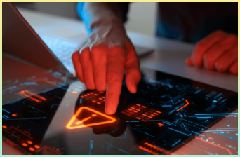 빨간색으로 홀로그램 터치스크린 인터페이스와 상호 작용하는 남자. 사이버 공격, 악성 코드, 데이터 침해, 시스템 해킹, 바이러스, 스파이웨어, 손상된 정보 및 긴급 관심의 개념.