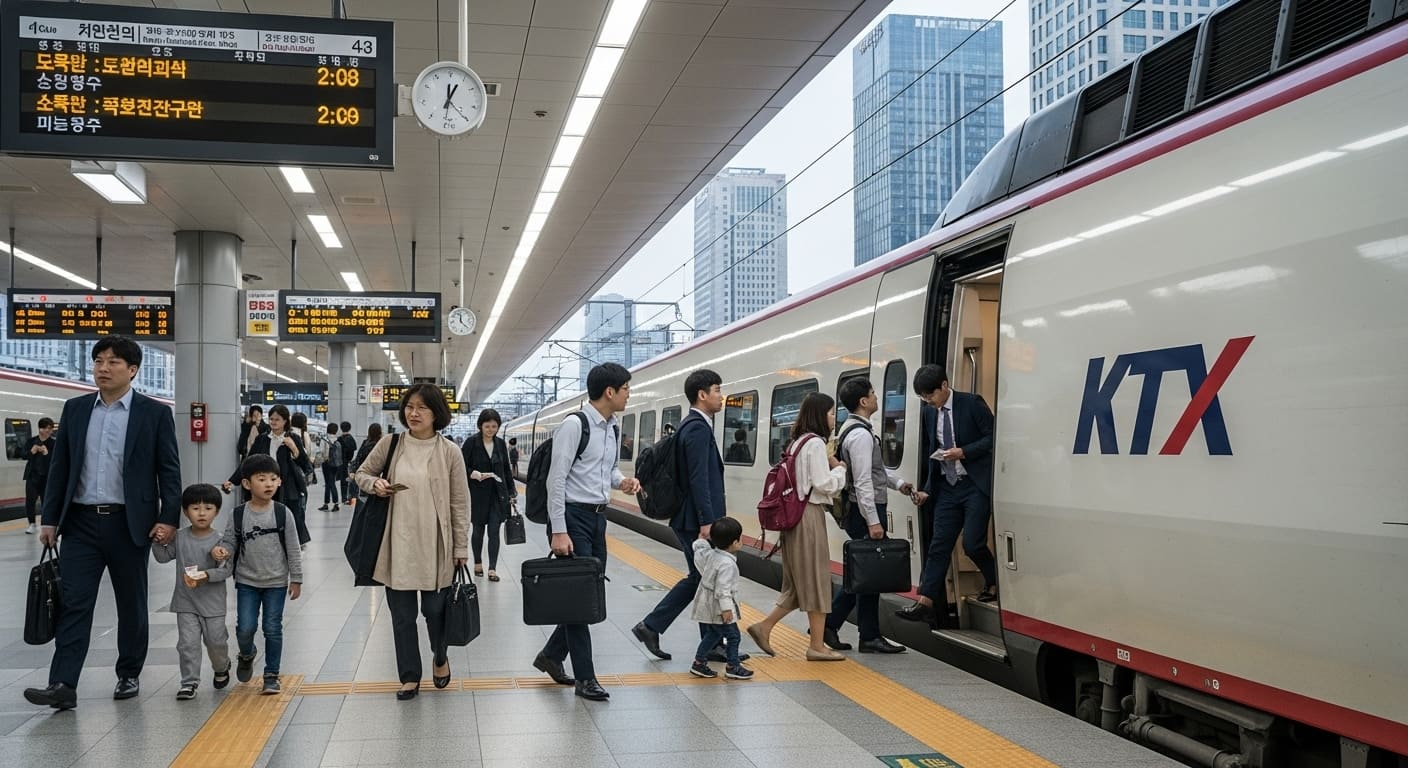 귀성철 붐비는 역사 승강장과 KTX 열차