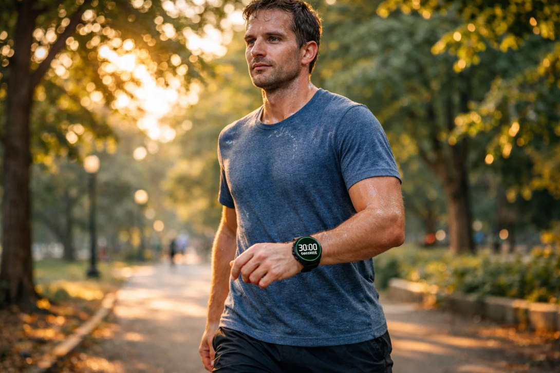 땀을 흘리면서 열심히 걷기 운동을 하고 있는 남성의 이미지