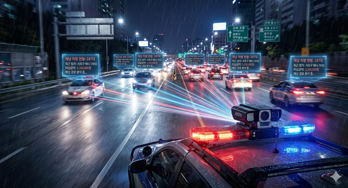 경찰차에 장착된 ANPR 카메라가 야간에 도로 위 차량들을 정밀 스캔하는 역동적인 컷