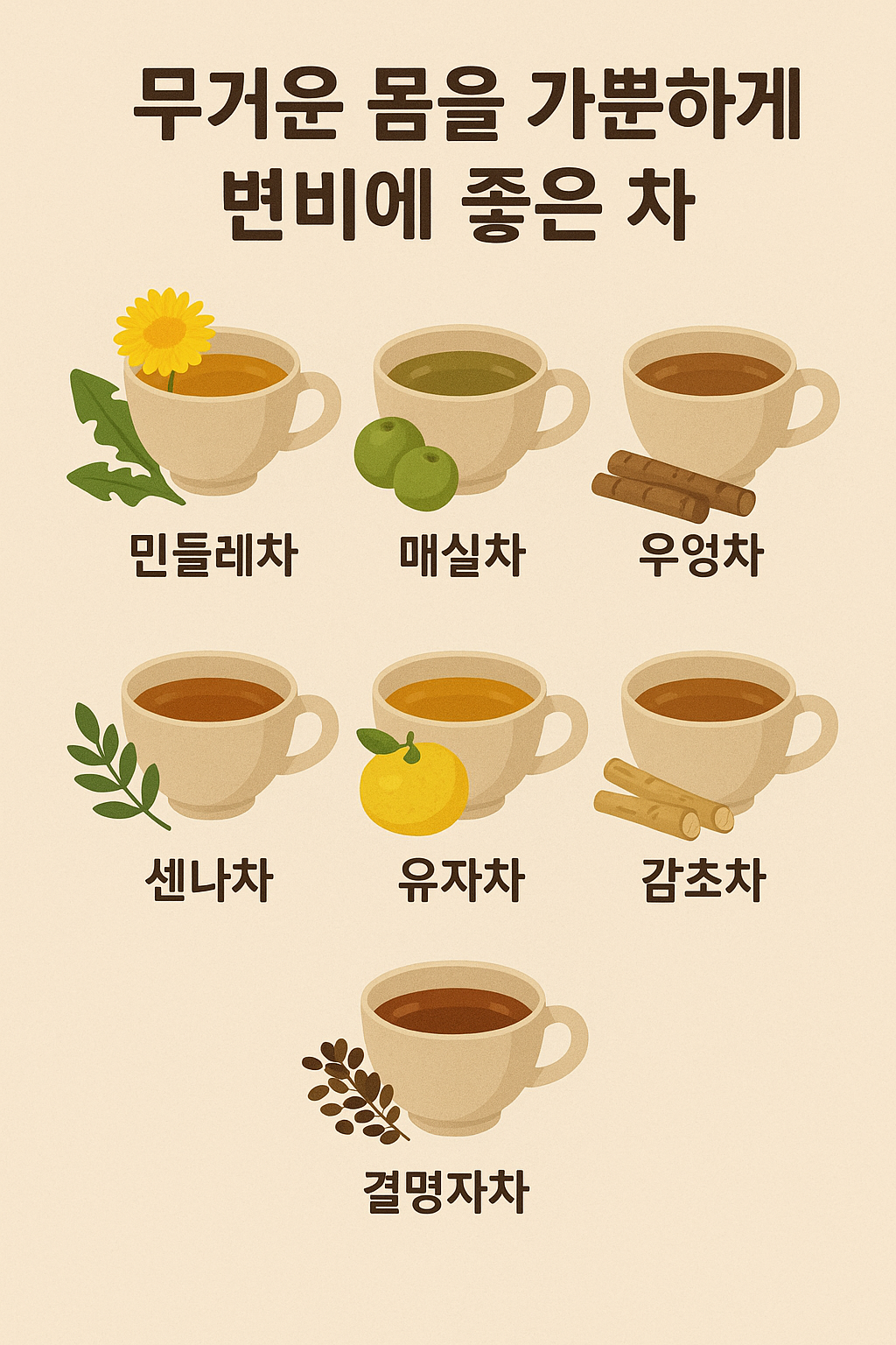 민들레차
매실차
우엉차
센나차
유자차
감초차
결명자차