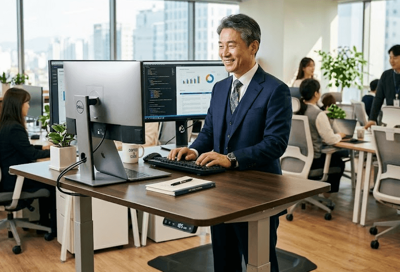 사무실에서 혈당 안정화와 뇌혈류 개선을 위한 관리로 모션 데스크를 높이고 한 시간에 10분씩 서서 업무를 하고 있는 중년 남성