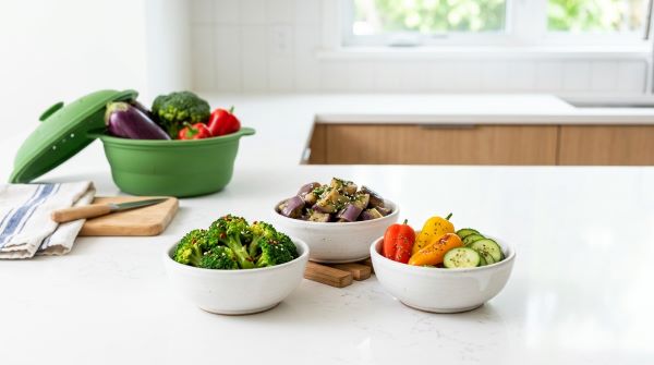 깔끔하고 현대적인 주방 조리대 위에 실리콘 찜기와 신선한 여름 채소(보라색 가지, 초록색 브로콜리와 오이맛 고추)가 정갈하게 놓여 있는 모습.