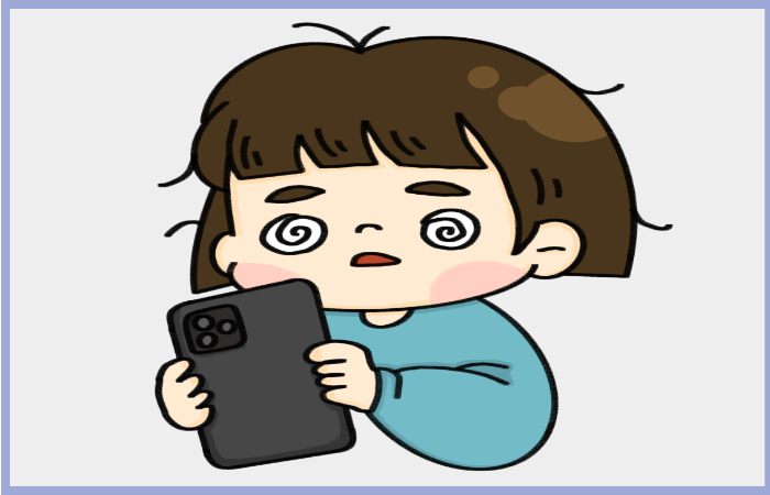 스마트폰을 오래 사용해 눈이 빙글빙글한 표정을 짓는 어린이 캐릭터 일러스트