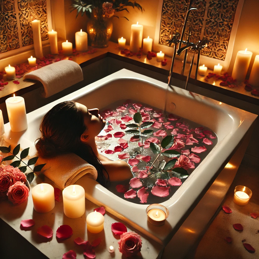 캔들과 장미 꽃잎&amp;#44; 부드러운 조명으로 둘러싸인 고급 욕조에서 휴식을 취하는 여성의 모습. 대리석 인테리어와 평온한 분위기를 강조한 장면