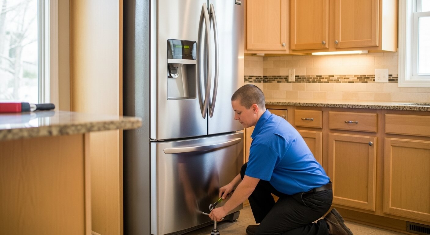 주방에서 냉장고 설치 중인 기술자