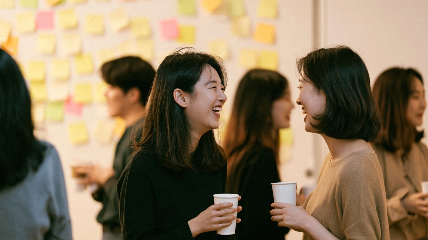 메모와 포스트잇이 붙은 공간에서 조용히 이야기를 나누는 참가자들