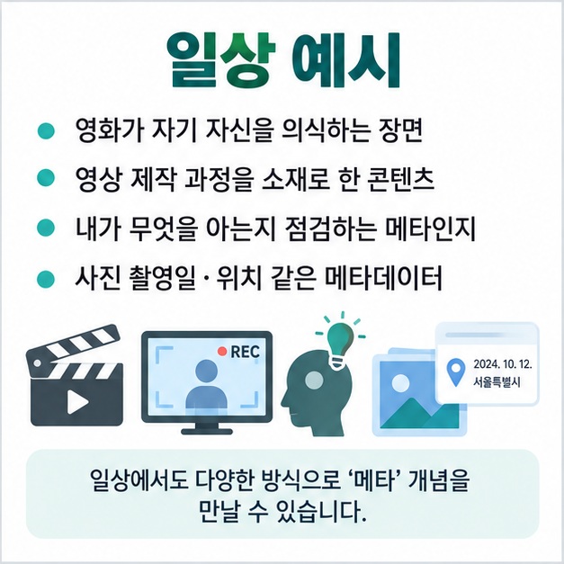 영화 유튜브 학습 사진 파일 등 인터넷과 일상에서 메타가 쓰이는 예시를 정리한 이미지