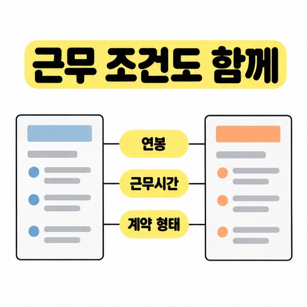두 채용 공고의 연봉과 근무시간, 계약 형태를 같은 항목으로 나란히 비교하는 이미지