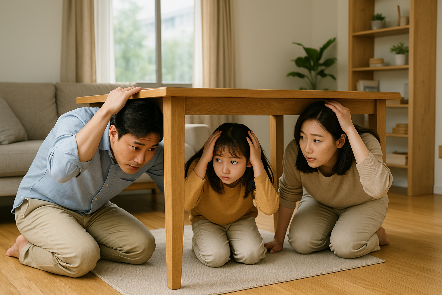 지진 대비를 위해 탁자 아래로 몸을 보호하는 가족