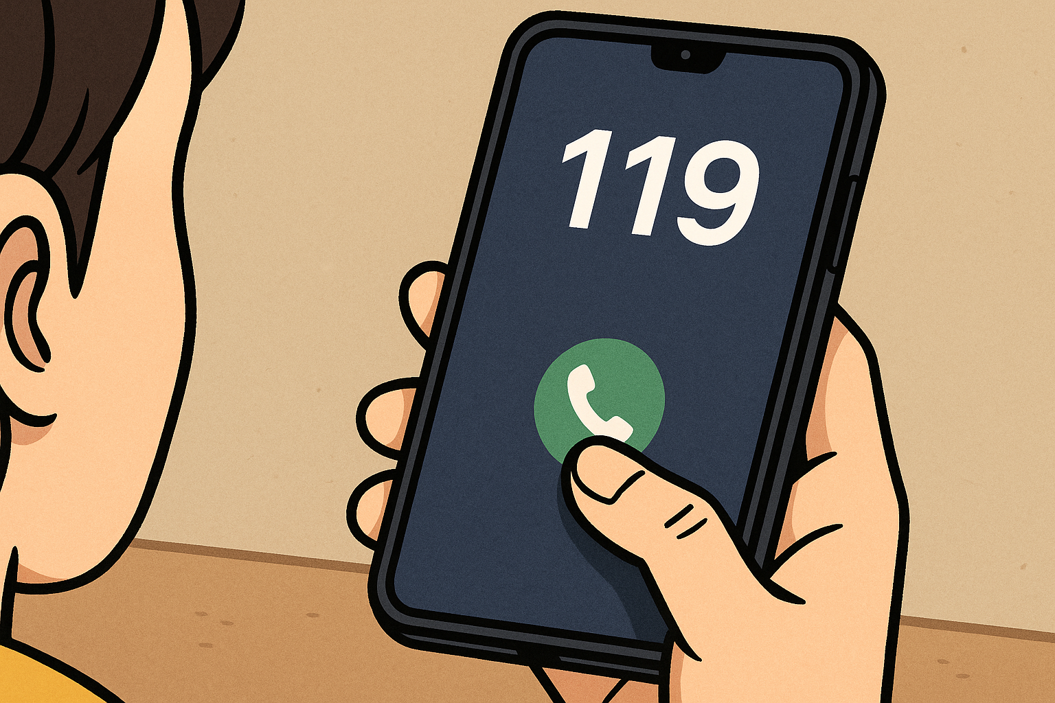 스마트폰으로 119를 누르고 있는 부모의 손을 웹툰 스타일로 표현한 일러스트
