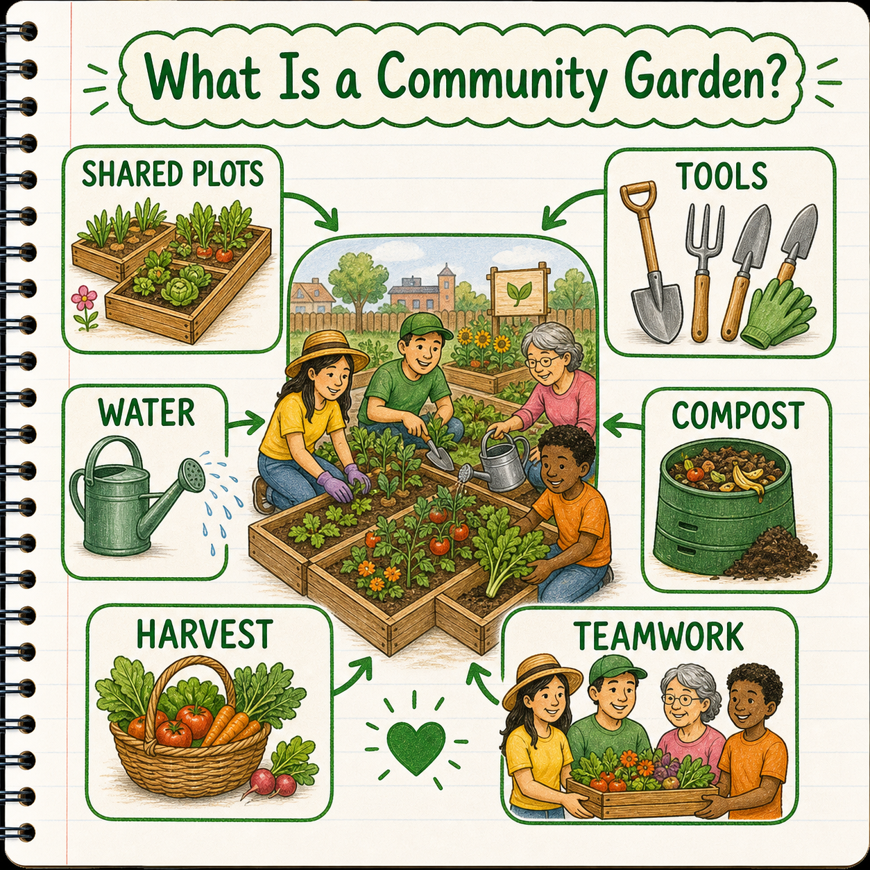 Infographic explaining community garden plots, tools, water, compost, harvest, and teamwork