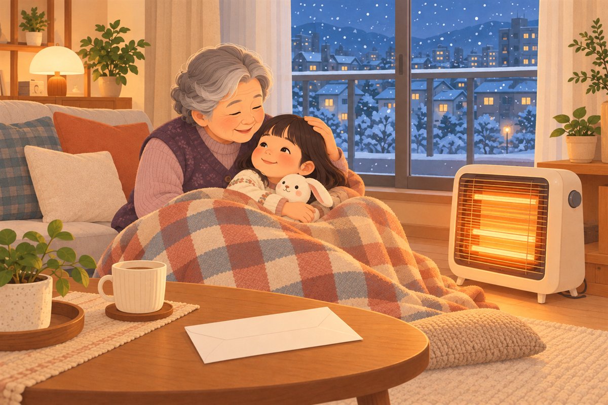 겨울 저녁 아파트 거실에서 할머니와 손녀가 담요를 덮고 난로 옆에 앉아 있는 그림 — 에너지바우처로 난방비 부담을 덜 수 있는 겨울