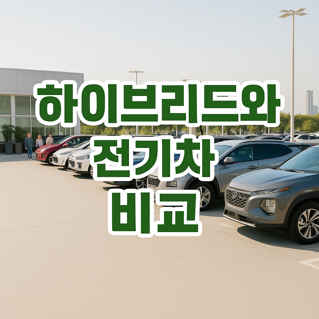 "하이브리드와 전기차 비교 TOP5 (최신) 텍스트가 삽입된 자동차 매장 전경 이미지"