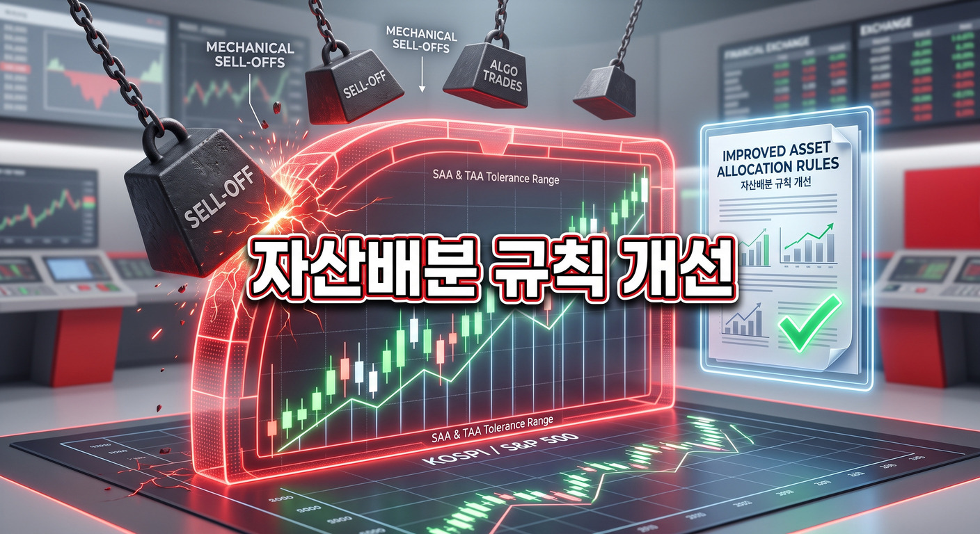 확장을 의미하는 붉은색 디지털 경계선(SAA 및 TAA 허용 범위)이 기계적 매도를 상징하는 무거운 쇳덩이들로부터 안정적인 주식 시장 그래프를 방어하고, 개선된 자산배분 규칙을 뜻하는 체크 표시된 문서가 빛나는 3D 일러스트 배경에, 짙은 그림자와 외곽선으로 선명하게 강조된 '자산배분 규칙 개선'이라는 한글 문구가 중앙에 적힌 이미지