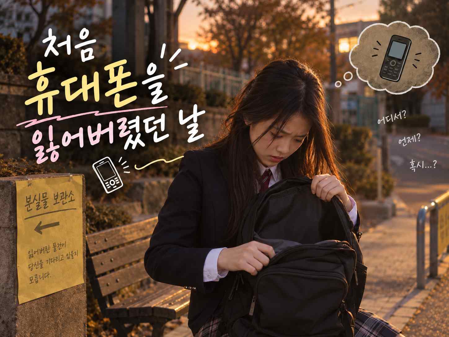 하굣길에서 가방과 주머니를 확인하며 잃어버린 휴대폰을 찾는 모습과 처음 휴대폰을 잃어버렸던 날이라는 제목