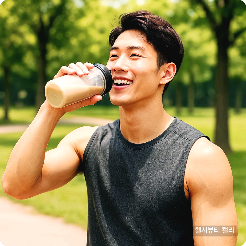 공원에서 운동 후 단백질 음료를 마시는 20대 건강한 서울 남성