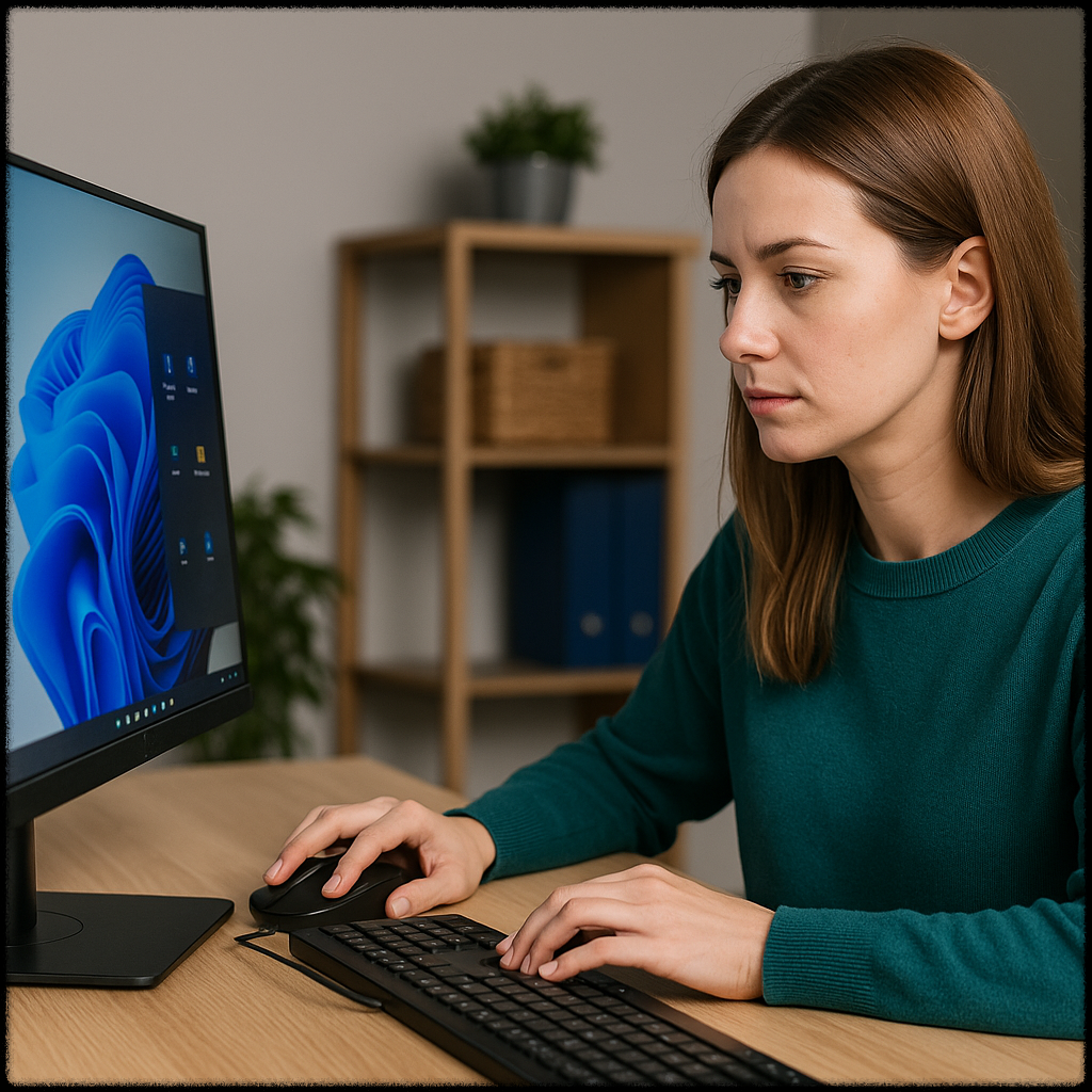 작업 표시줄 오류에 당황한 여성 사용자의 모습