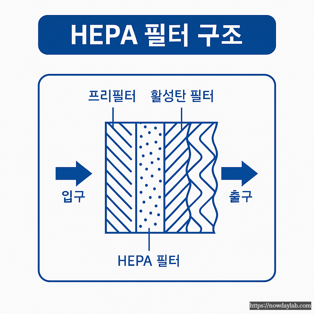 Cross-sectional diagram of a HEPA filter showing prefilter, activated carbon layer, and HEPA media for air purification