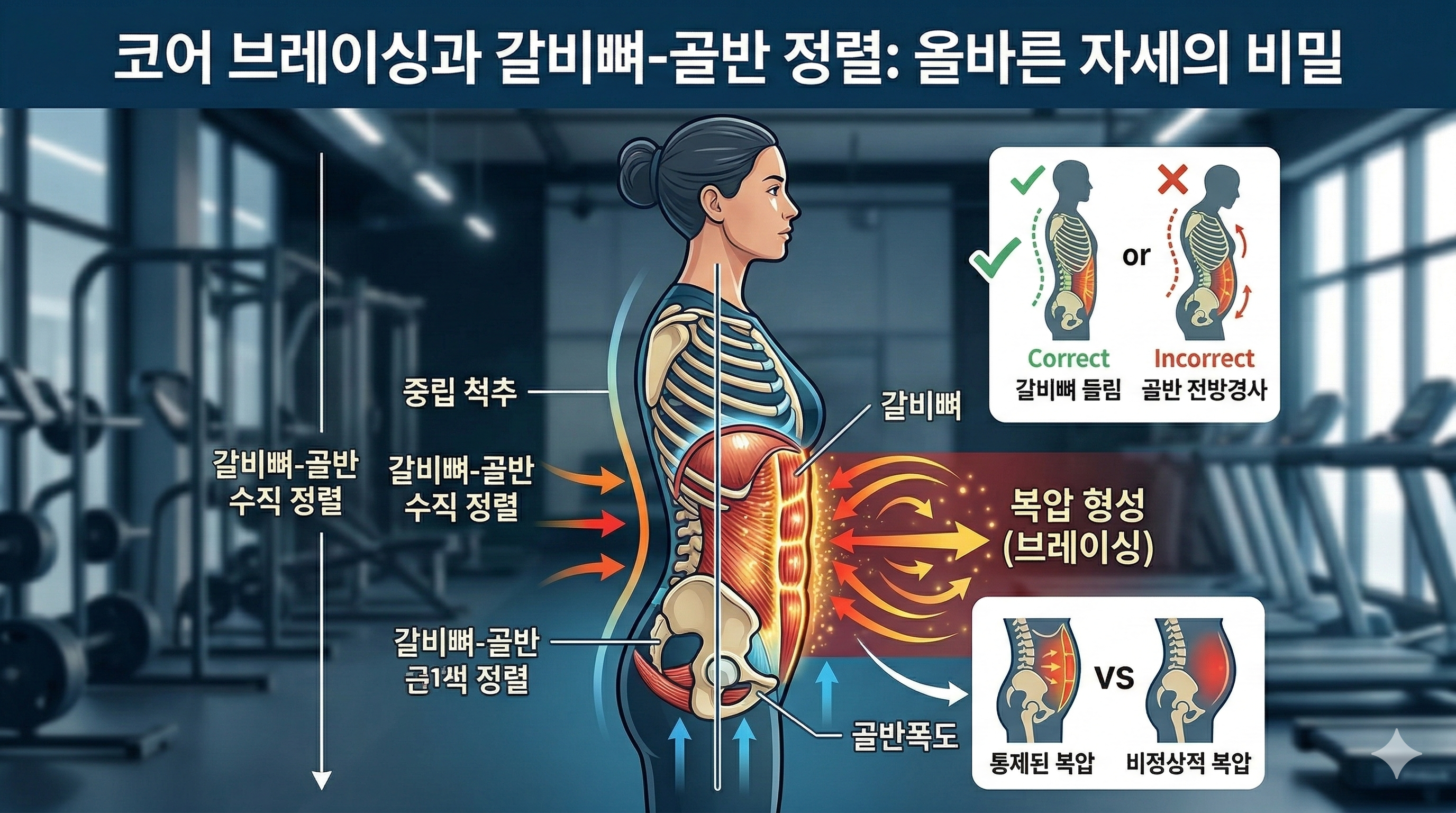 코어 브레이싱 갈비뼈 골반 정렬 복압 유지 코어 안정