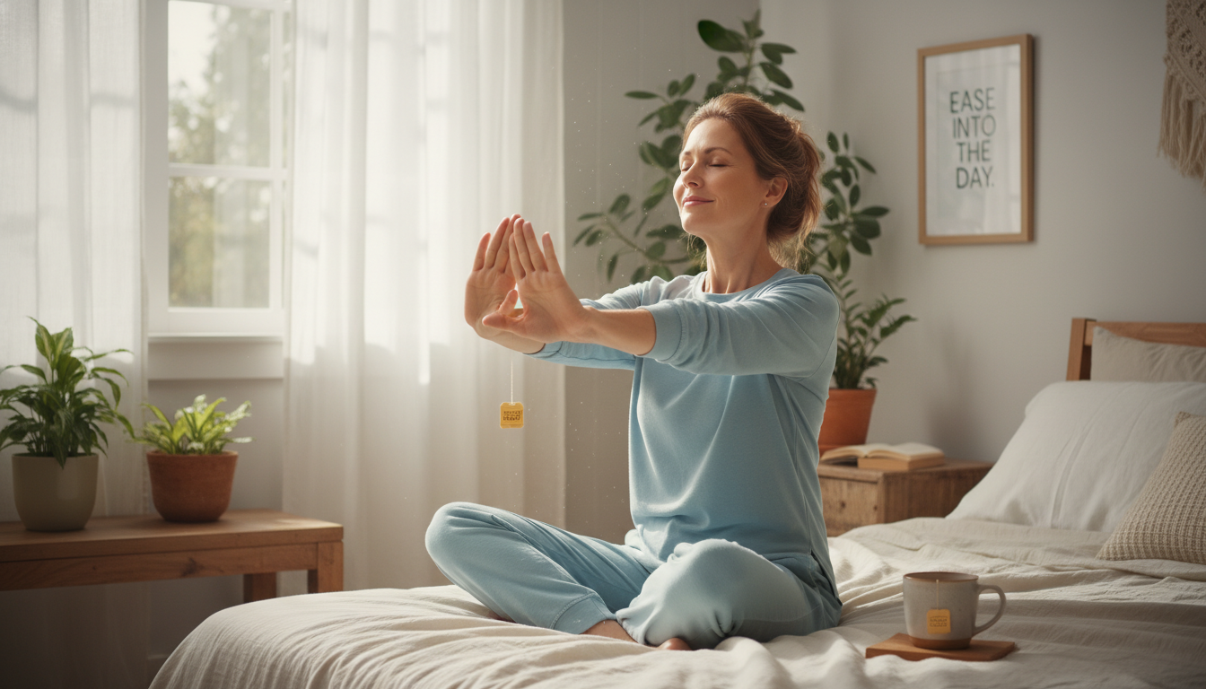 아침에 일어나 부드럽게 손마디 스트레칭을 하며 편안해하는 중년 여성과 강황차