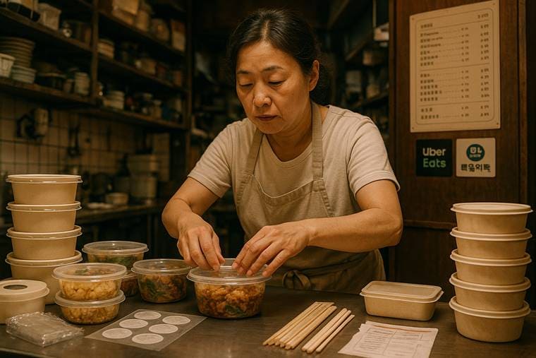 배달 주문을 위한 포장 작업이 한창인 소형 배달전문 외식 매장