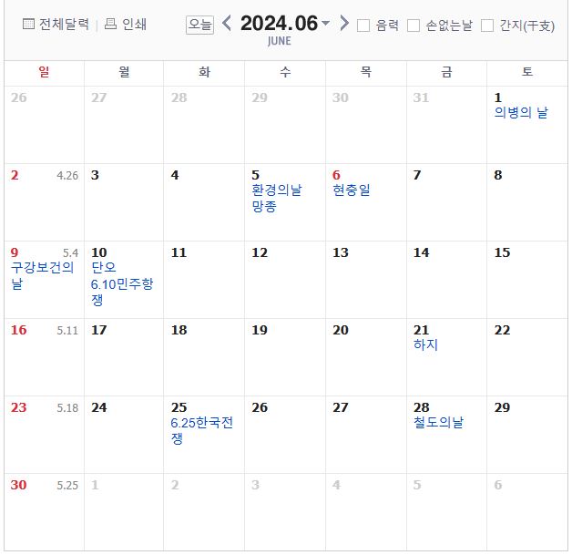 2024년 휴일 명절 대체공휴일 실제 휴일