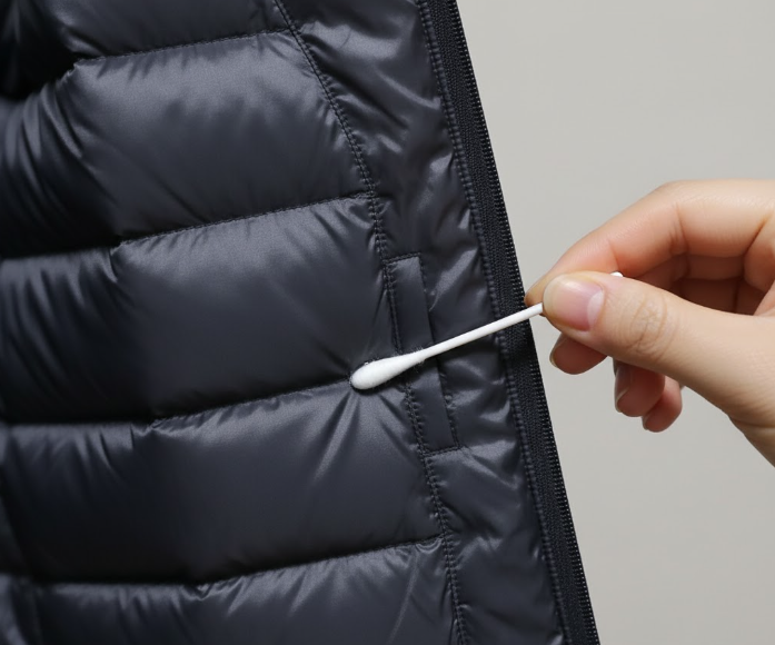 소독용 알코올을 살짝 묻혀 남색 경량 패딩 안감에 조심스럽게 테스트 하는 모습