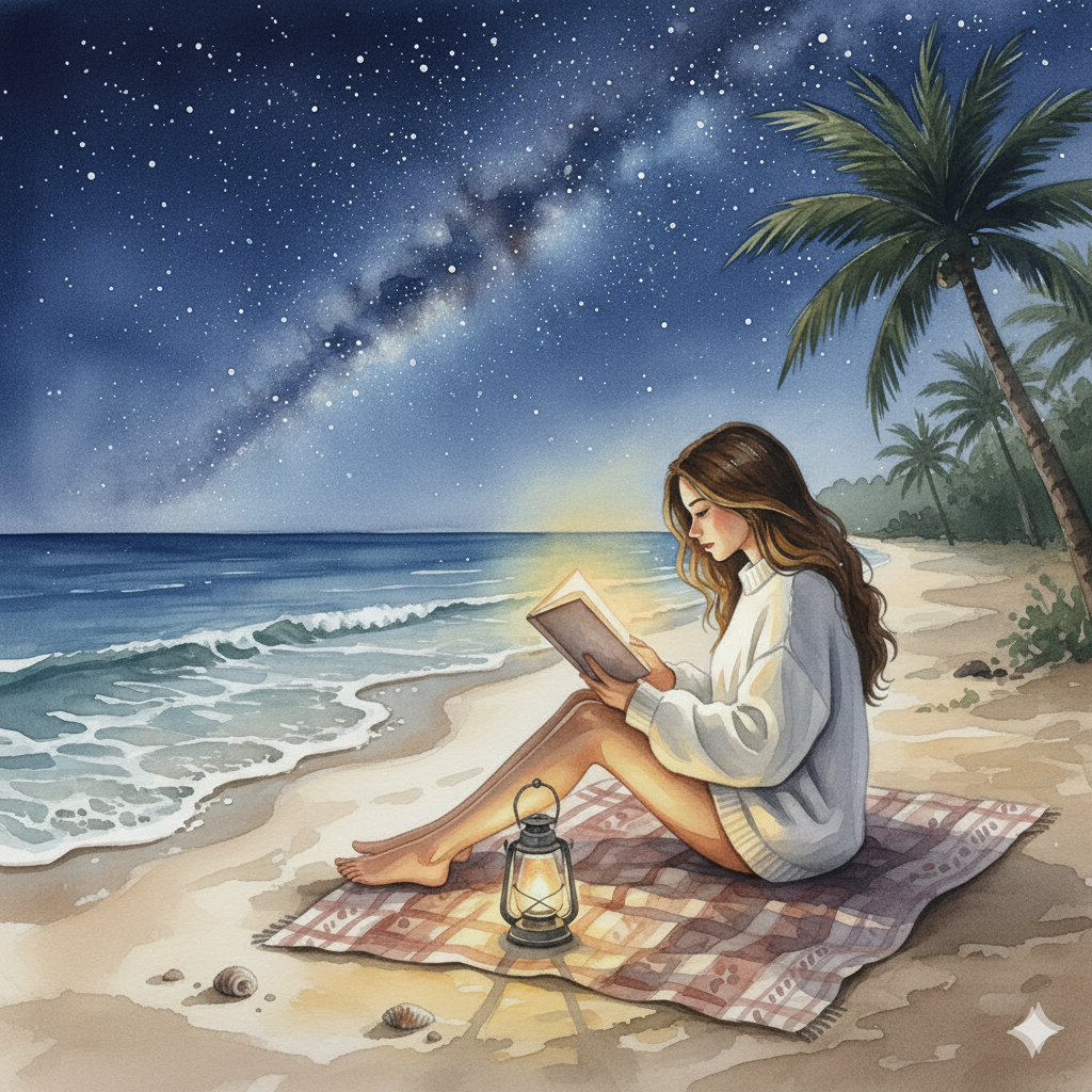 "밤바다 해변에서 담요 위에 앉아 책을 읽는 여성, 수채화 스타일 일러스트"