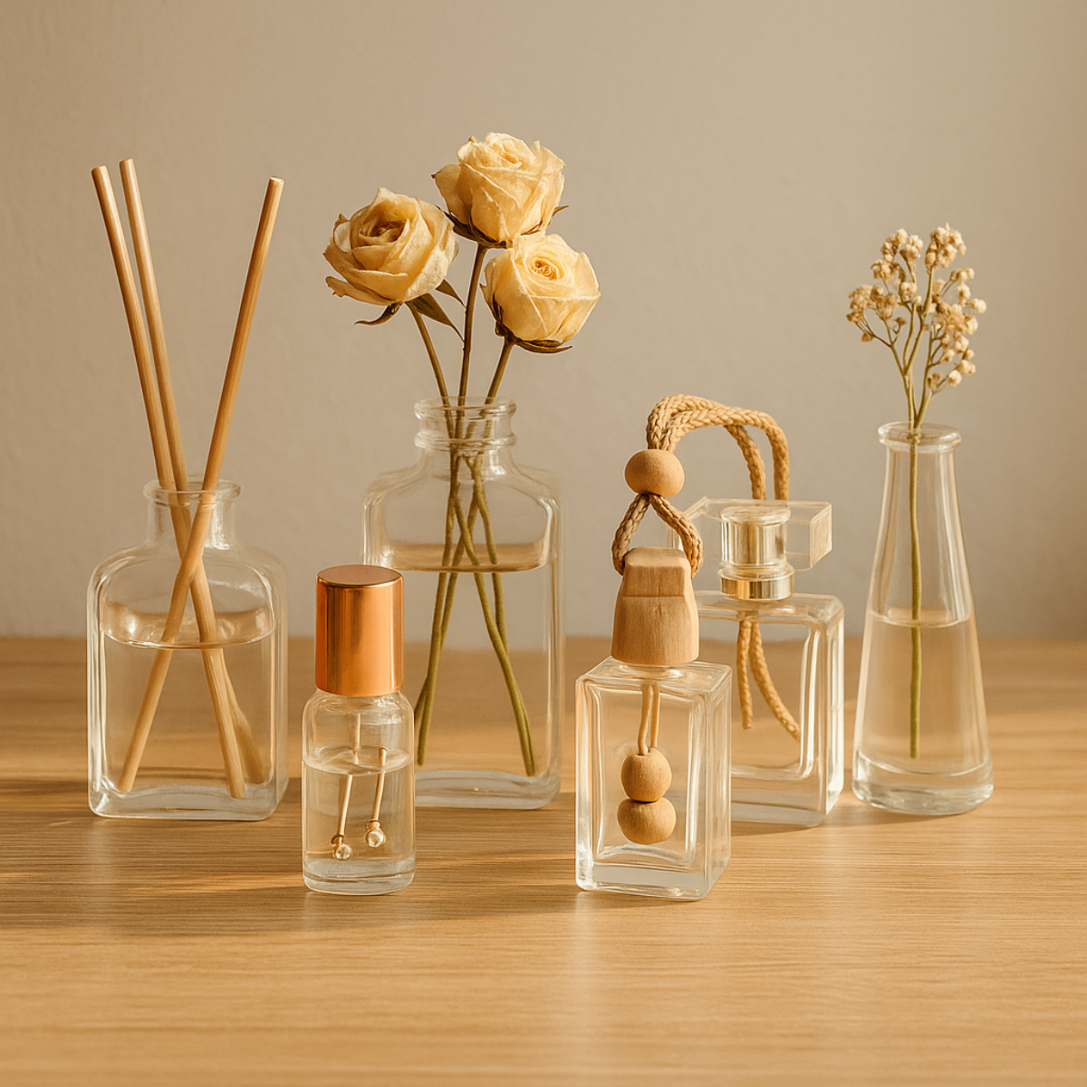 햇살 가득한 나무 테이블 위에 놓인 향수 공병 재활용 아이템. 리드디퓨저, 드라이플라워 화병, 차량용 방향제, 귀걸이 보관병 등 다양한 방식으로 리폼된 유리 향수병이 따뜻한 분위기 속에 정갈하게 놓여 있음. 감성적인 홈 인테리어 느낌의 실제 사진