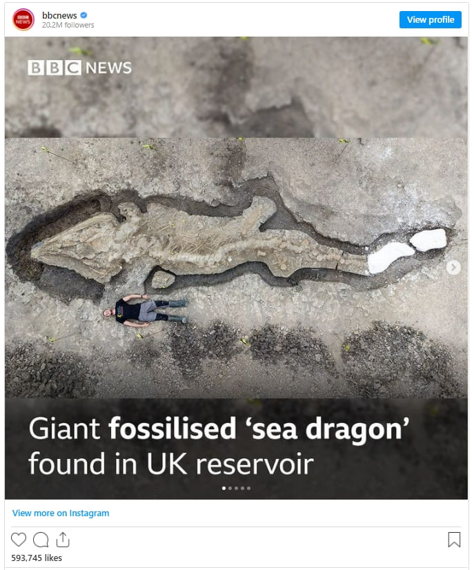 실제 해룡, 영국에서 발견 Prehistoric 33-Foot-Long &ldquo;Sea Dragon&rdquo; Fossil Found in UK Reservoir
