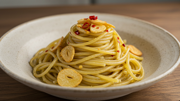 예쁜 파스타 접시에 돌돌 말아 담긴 알리오 올리오