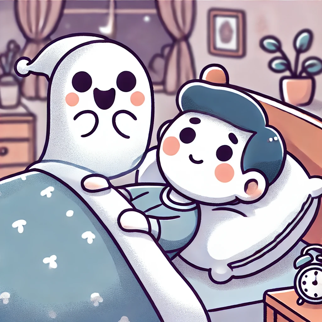 남자가 침대에 누워있고 옆에 유령이 남자를 쳐다보는 귀여운 일러스트