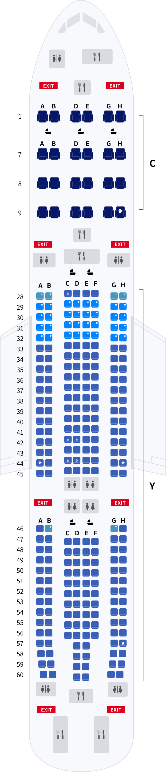 대한항공 에어버스 A330 기본정보, 좌석배치도, 좌석 간격