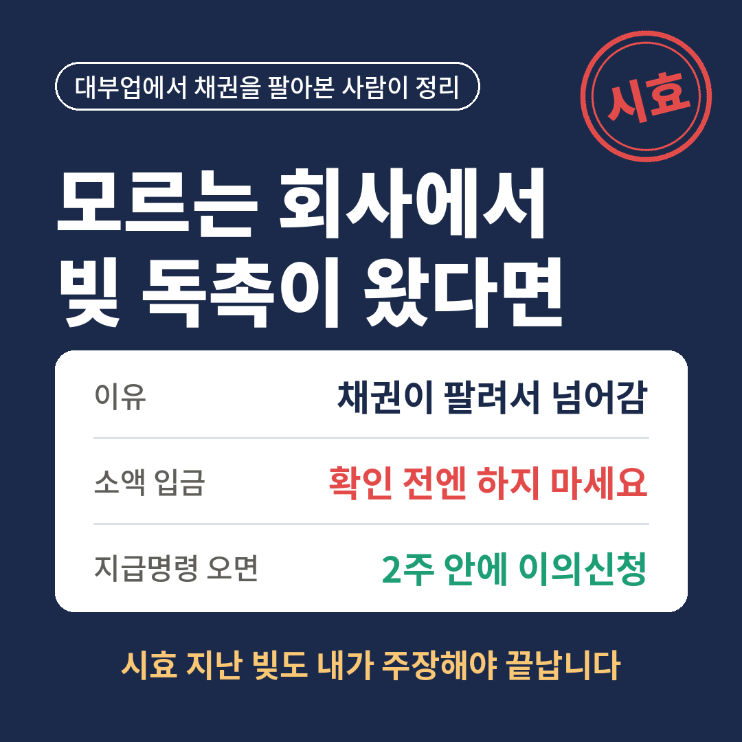 모르는 회사에서 빚 독촉이 오는 건 채권이 팔려서 넘어갔기 때문이며, 확인 전에는 소액 입금을 하지 말고, 지급명령이 오면 2주 안에 이의신청해야 하고, 시효가 지난 빚도 직접 주장해야 끝난다는 내용을 요약한 썸네일