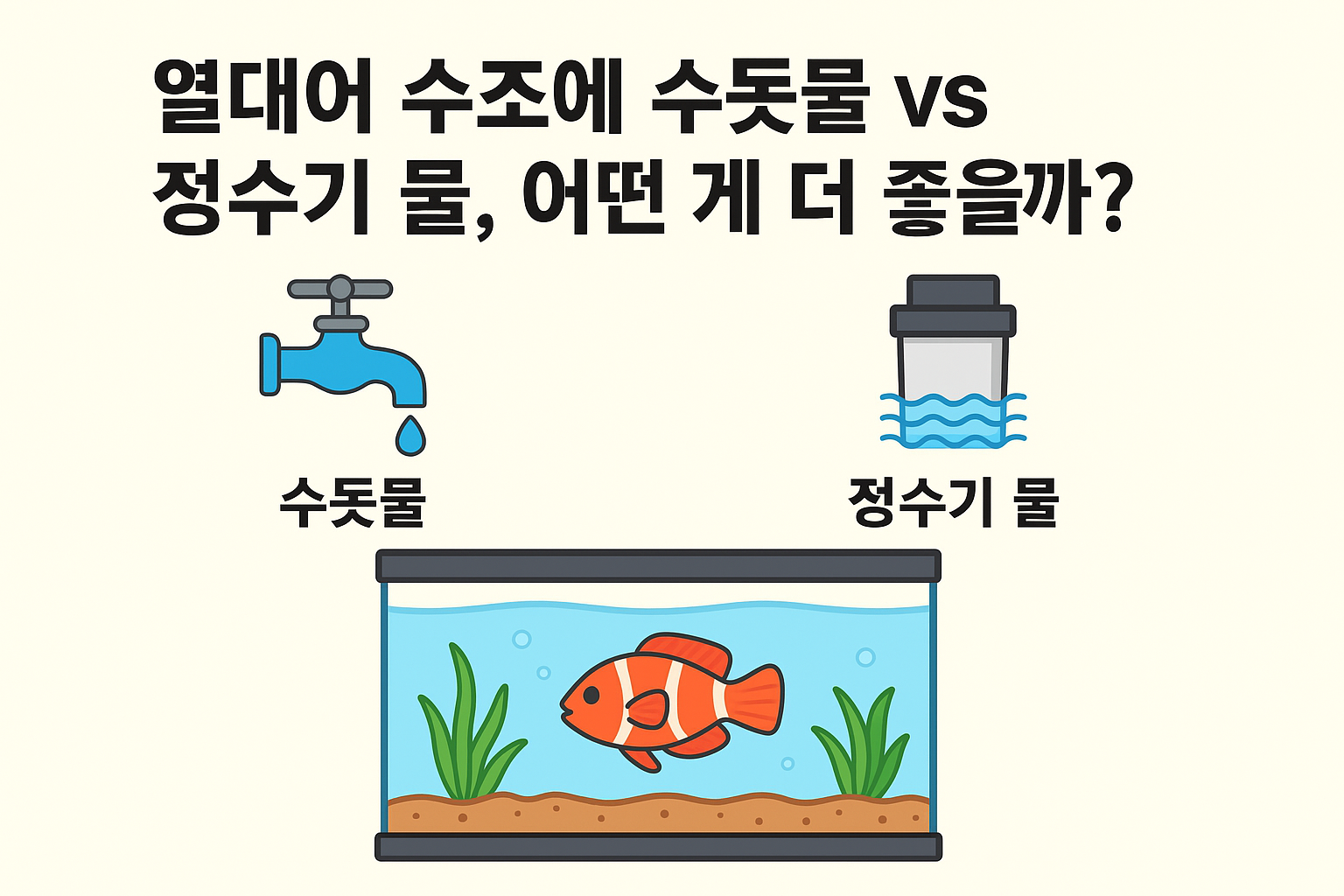 열대어 수조에서 수돗물과 정수기 물을 비교하는 일러스트. 왼쪽에는 수도꼭지와 '수돗물'이라는 텍스트, 오른쪽에는 정수기 아이콘과 '정수기 물'이라는 텍스트가 있으며, 중앙에는 열대어와 수초가 들어 있는 수족관이 위치해 있다.