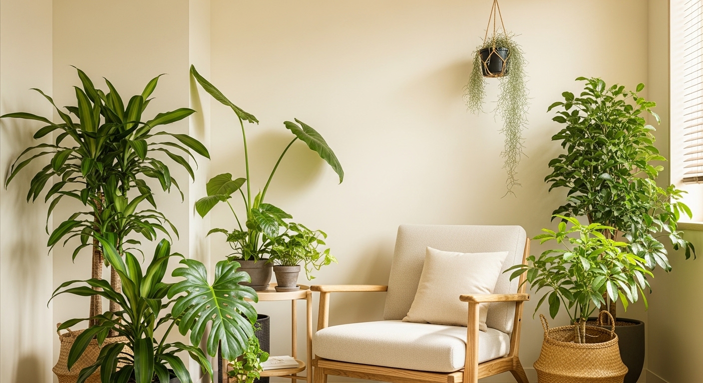 자연 친화적인 10평 오피스텔 코너. 라탄 의자와 다양한 녹색 식물로 꾸며진 아늑하고 편안한 공간.