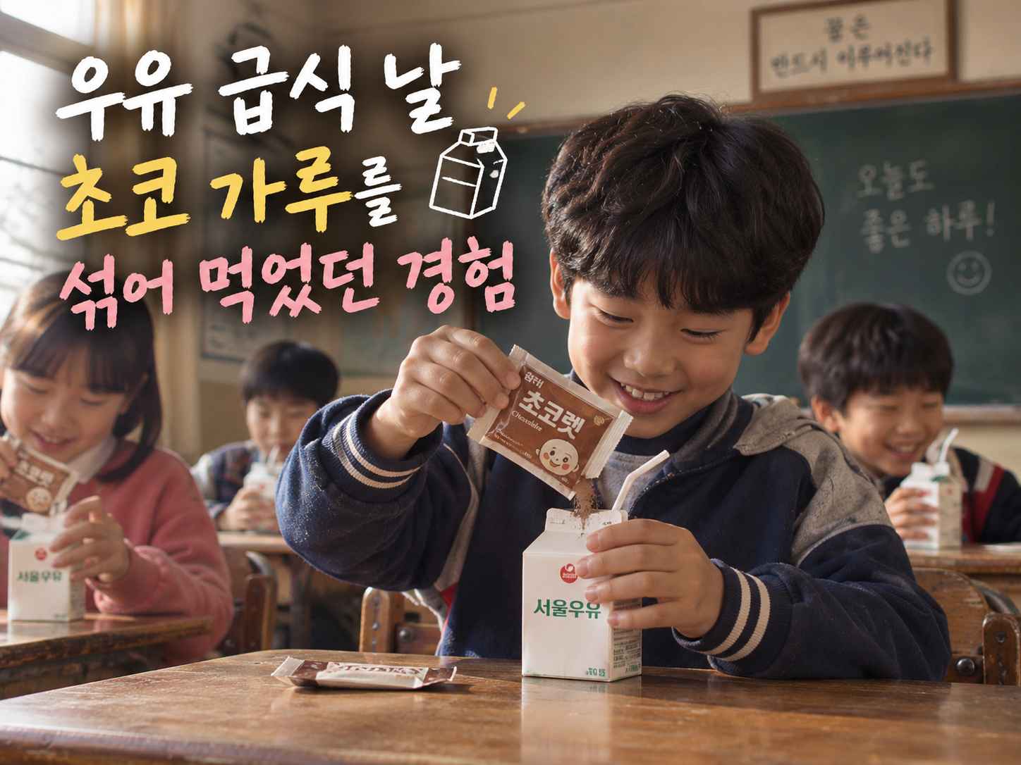 교실 책상에서 학생이 작은 우유팩에 초코 가루를 넣는 모습과 제목 문구