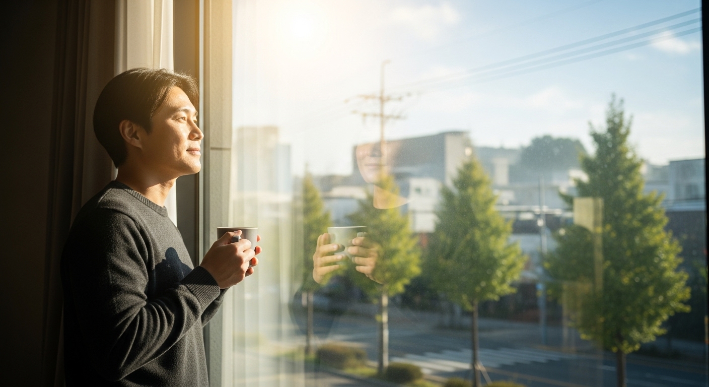 아침에 일어나 창가에서 햇빛을 쬐며 일주기 리듬을 활성화시키는 모습.