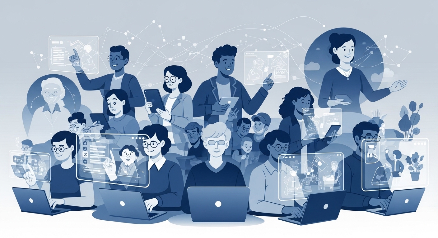 다양한 연령대의 사람들이 온라인으로 활기차게 학습하는 모습. 디지털 기기를 통해 코딩, 예술 등 여러 분야를 배우고 있으며, 평생교육사가 그들의 학습 여정을 지원하는 미래 교육 환경.