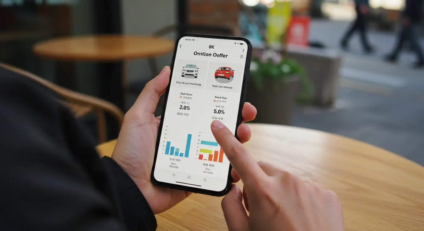스마트폰 앱의 비공개 무료 한도 조회 서비스를 통해 저신용자 중고차 대출 조건을 비교하는 모습