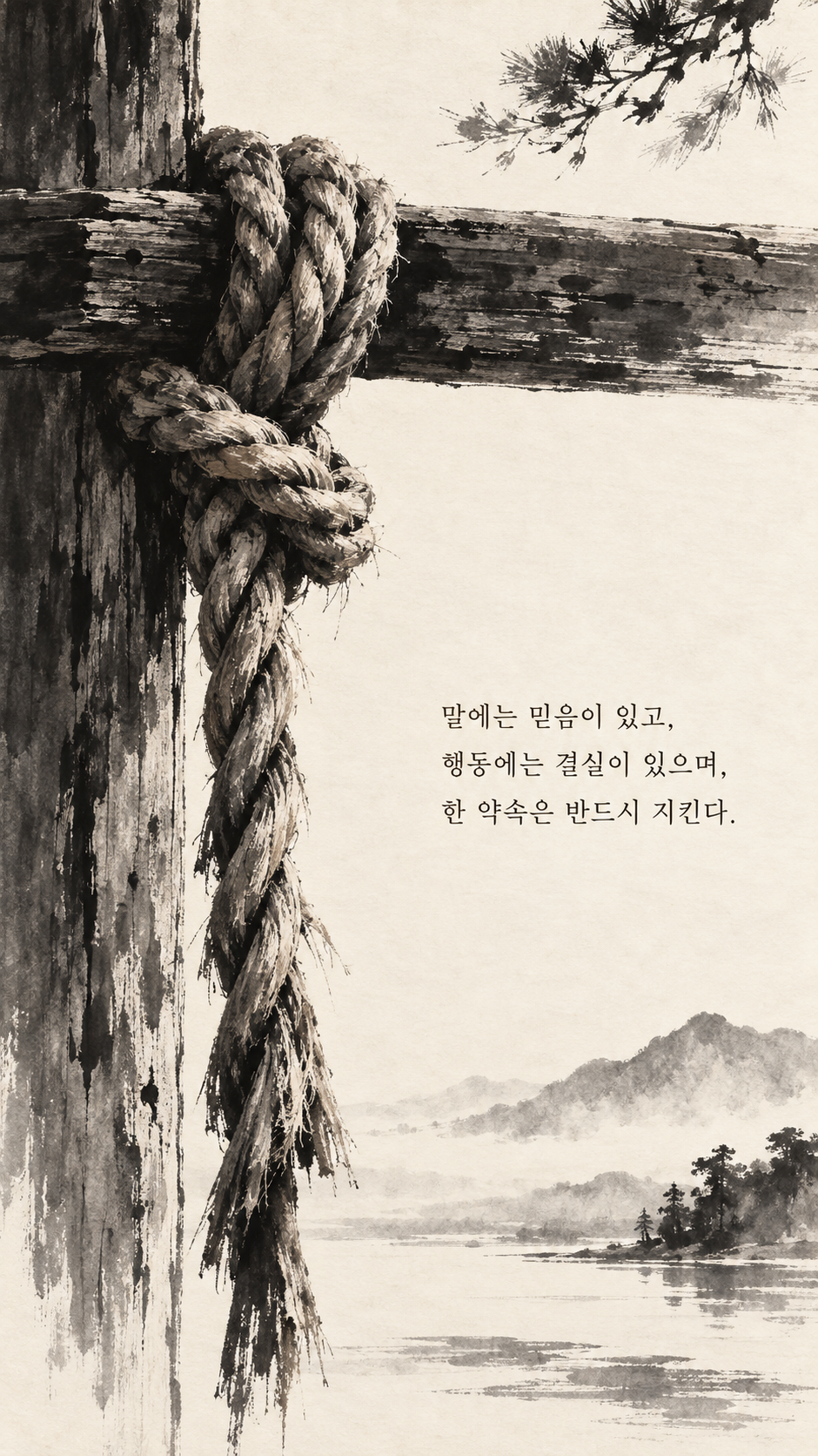 사마천 명언 23 말에는 믿음이 있고, 행동에는 결실이 있으며, 한 약속은 반드시 지킨다. 팽팽하게 묶인 밧줄의 단단한 매듭 수묵화 이미지